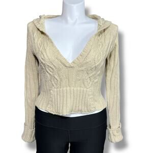 No Boundaries Womens Cable Knit Sweater Pullover Hooded Crop Length Beige Large